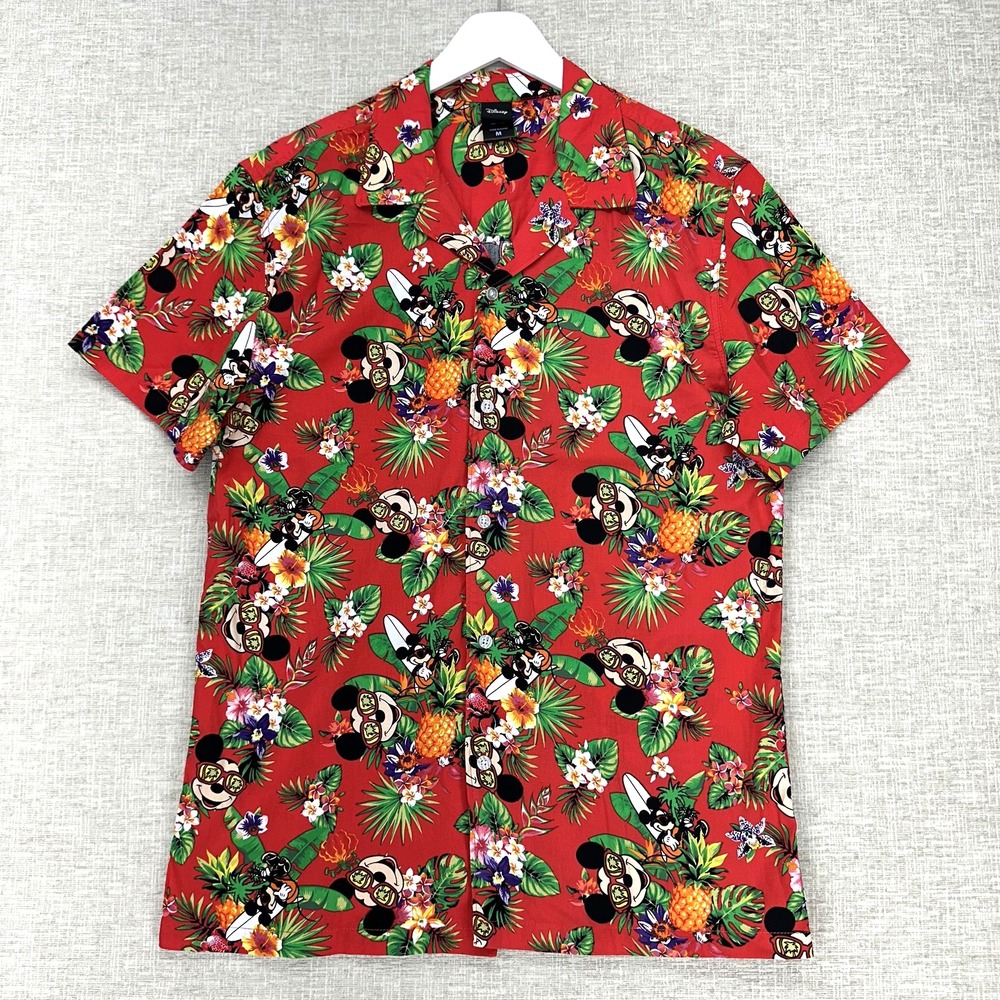 Disney Mickey Mouse Shirt Mens Medium Red Hawaiian Aloha Tropical Button‎ Up